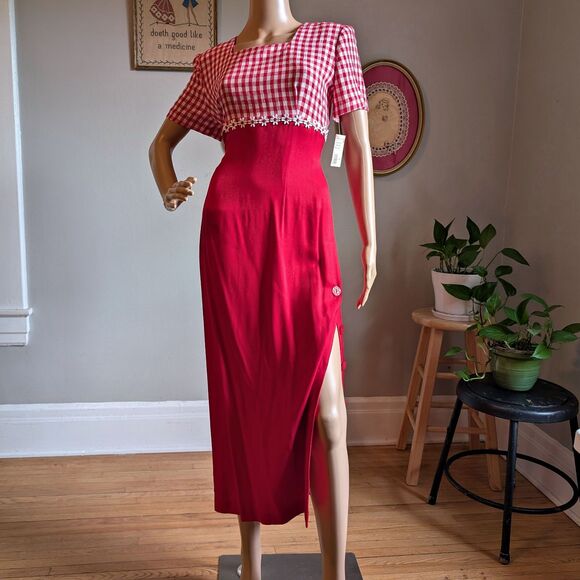 NWT Vintage 90s Betsy Lauren Gingham Dress Midi Button Slit Cottagecore Floral 7 - Picture 3 of 14